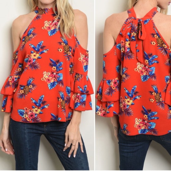 PINEAPPLE & FLORAL PRINT COLD SHOULDER PRINT TOP - Picture 2 of 4